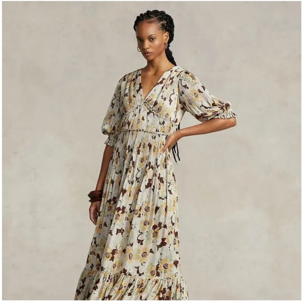 Polo by Ralph Lauren Cream and Brown Ruffled Tiered Maxi Dress